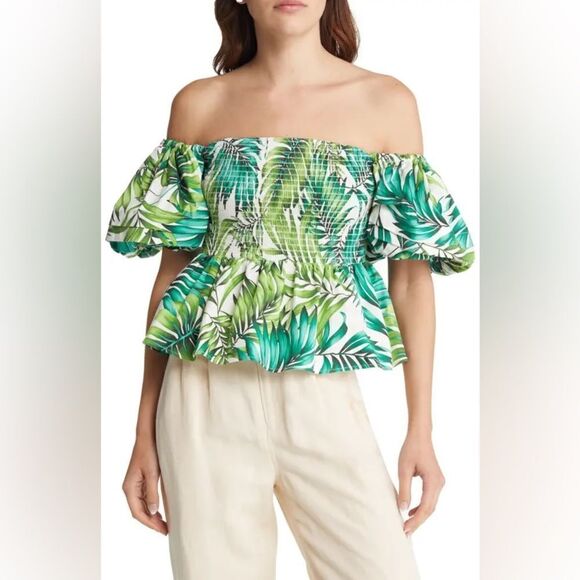 Autumn Adeigbo Marie’s blouse palm tree print smocked puff sleeves size 4 island - Picture 2 of 10